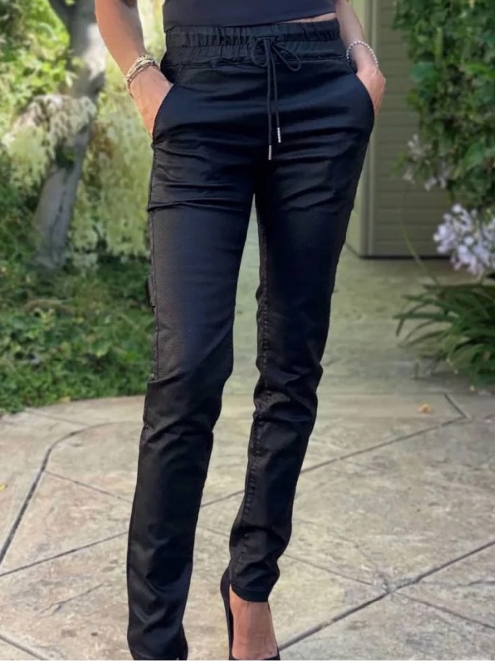 Bevy Flog Tapered Shely Pants Black Textured Microcheck Drawstring